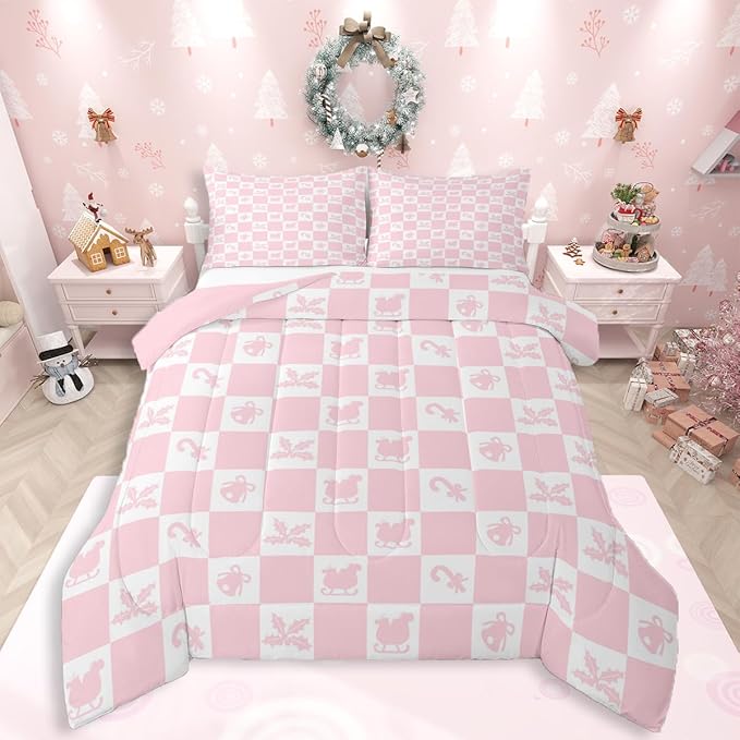Feelyou Christmas Comforter Set Queen Size Checkered Pattern Bedding Set for Kids Boys Girls Holiday Theme Duvet Quilt Xmas Decorations Bedroom Decor Pink Microfiber 3 Pcs with 2 Pillow Cases