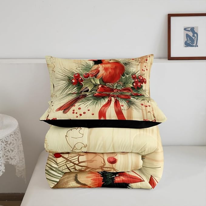 jejeloiu Kids Red Cardinal Comforter Set Toddler Christmas Red Black Plaid Bow Bedding Set for Boys Girls Teens Xmas Birds Animal Winter Wood Plank Duvet Quilt Room Decor