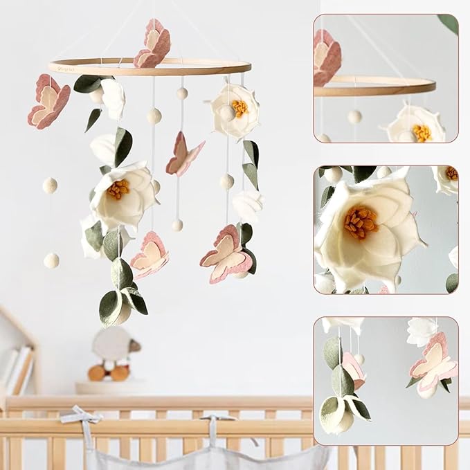 Floral Baby Mobile Nursery Decor Felt Flowers Butterflies Baby Mobile for Crib Boys Girls Boho Style Neutral Baby Gift Hanging for Nursery Decor Accessories