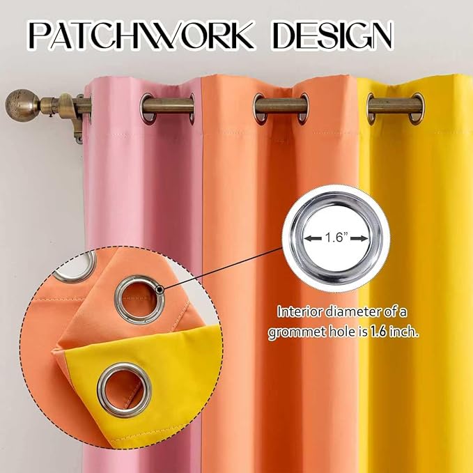 Rainbow Curtains Made with a Patchwork of Pink, Orange, Yellow, Green, Blue, and Purple for Kids Bedroom Blackout Colored Curtains for Bedroom Classroom (2 Panels, W52 X L108)