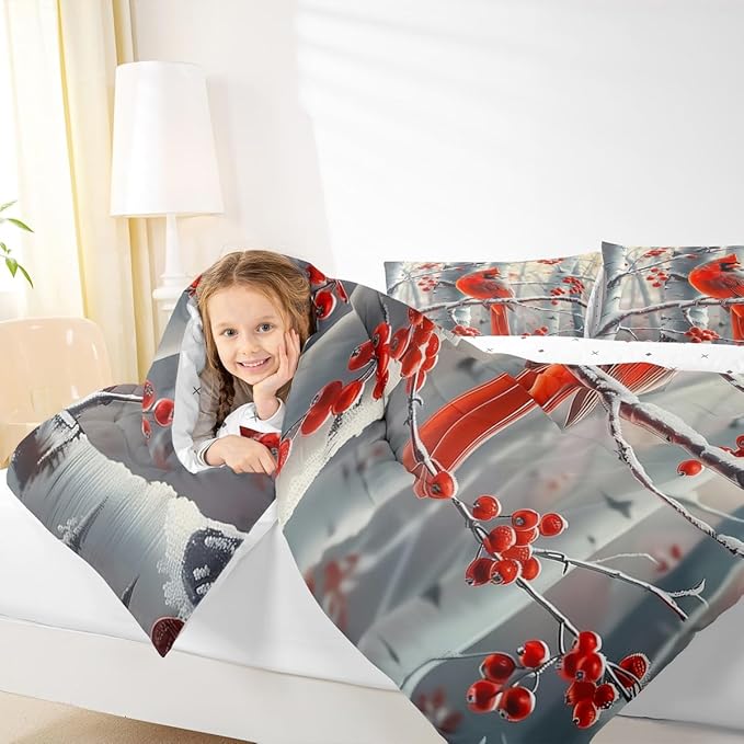 jejeloiu Kids Red Cardinal Comforter Set Queen Size Christmas Theme Bedding Set for Boys Girls Teens Xmas Birds Winter Rustic Country Farm Animal Duvet Quilt Room Decor