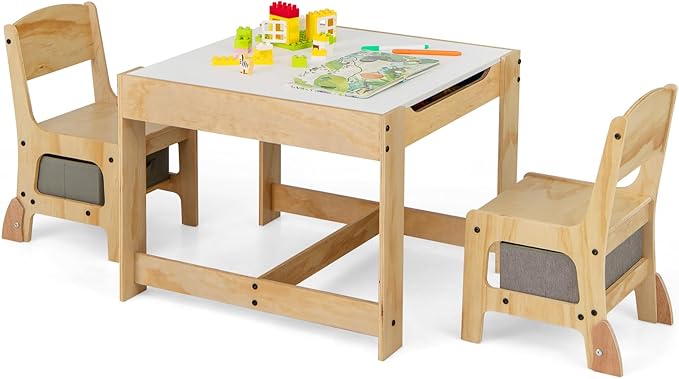 Costzon Kids Table and Chairs, 3 in 1 Wooden Activity Desk Set w/Double-Sided Tabletop, Storage Drawers and Reinforced Design for Drawing, Reading & Playing, Toddler Table and Chair Set (Gray)