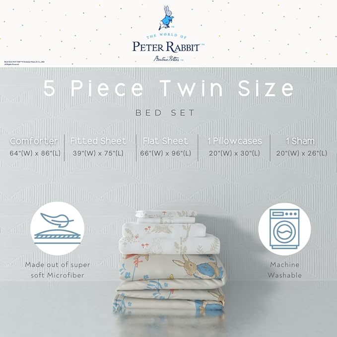 Franco Peter Rabbit Kids Bedding Super Soft & Cozy Reverisble Microfiber Comforter and Sheet Set with Sham, 5 Piece Twin Size, (Officially Licensed Product)