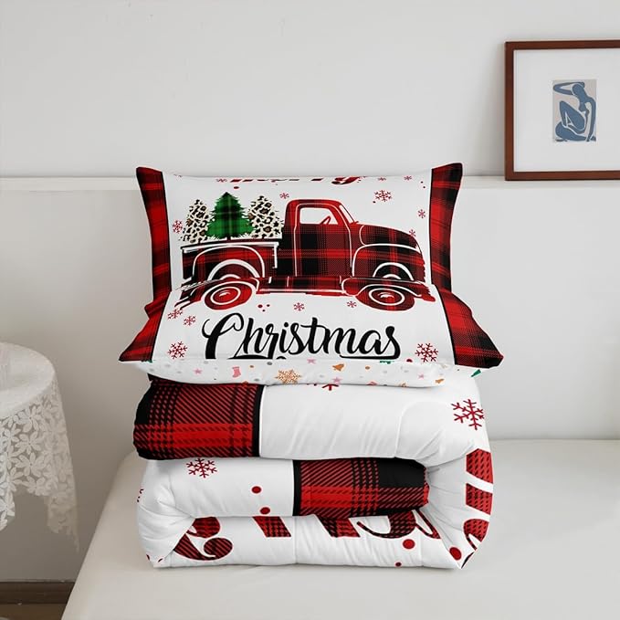 Manfei Red Truck Comforter Set Queen Size, Xmas Tree Snowflake Bedding Set 3pcs for Kids Boys Girls Bedroom Decor, Christmas Theme Red Plaid Quilt Set New Year Duvet Insert with 2 Pillowcases