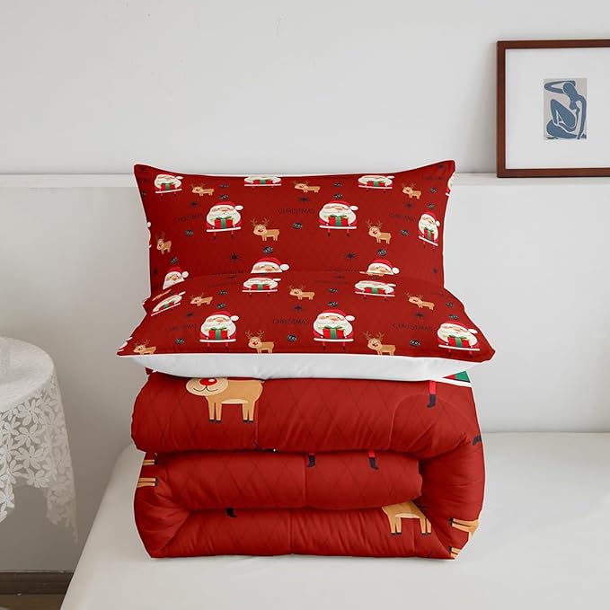 Santa Claus Comforter Set Christmas Deer Decorations Bedding Set for Kids Boys Girls Winter Snowflake Comforter Merry Christmas Khaki Red Quilt Collection 3Pcs Full Size