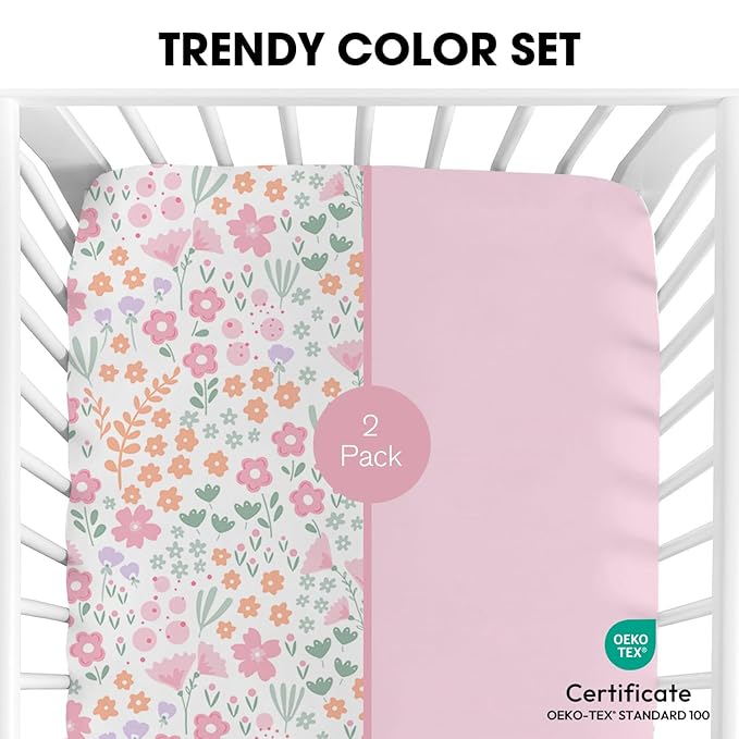 Little Grape Land Crib Sheets for Girls, Soft Microfiber Fitted Baby Sheets for Standard Crib and Toddler Mattress, 28x52x8 inch,Comfortable & Secure Fit (Pink & Floral)