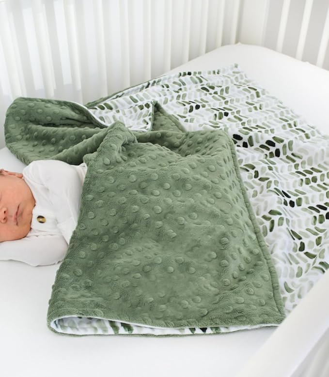 Baby Double Layer Soft Plush Minky Blanket With Dotted Backing for Boys Girls - Toddler Newborn Shower Gifts (Green Leaves, 30 X 40 Inch)
