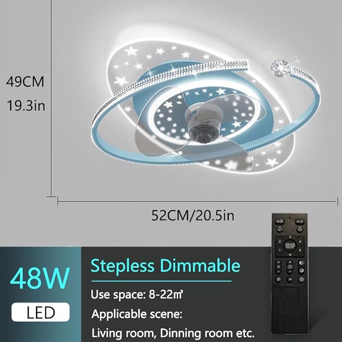 Indoor Ceiling Fans with Lights Remote Dimmable 48W LED Ceiling Lights with Fan Blue Ceiling Fans 6 Speeds Fan Ceiling with Light for Boys Room Bedroom Kids Room