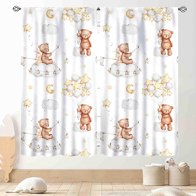 Cartoon Bear Curtains, Kids Boys Girls Cute Lovely Bear Star Cloud Ballon Pastel Window for Baby Living Room Bedroom Nursey Toddler Classroom 2 Panels, 84"x63" Inch