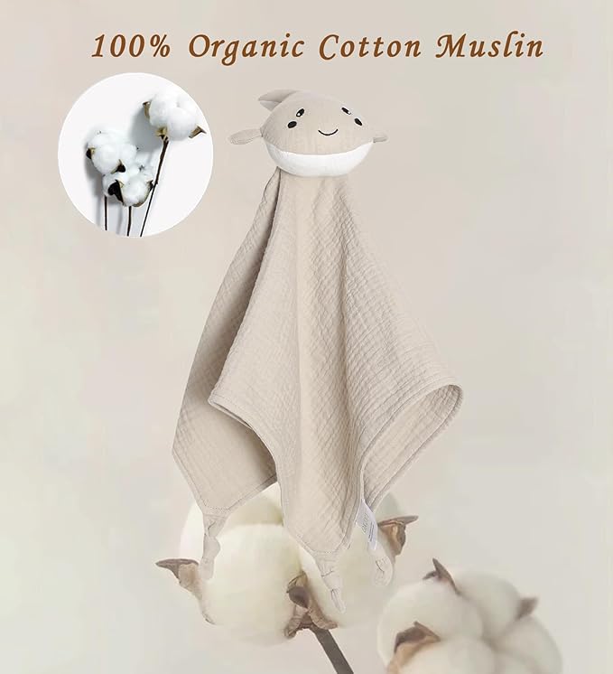 Organic Cotton Muslin Loveys for Babies,Security Blankets for Baby Lovey,Unisex Baby Essentials Neutral,Baby Registry Search,Newborn Baby Gifts for Boys and Girls (Whale Khaki)