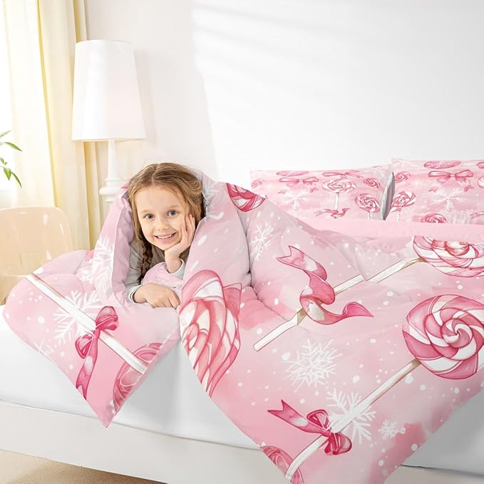 Feelyou Pink Bow Comforter Set King Size Pink Lollipops Bedding Set for Kids Boys Girls Watercolor-Style Duvet Quilt Xmas Snowflake Bedroom Decor Christmas Microfiber 3 Pcs with 2 Pillow Cases