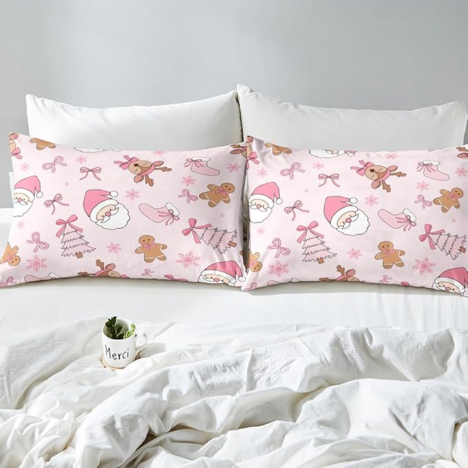 Kids Pink Christmas Bedding Set Full Size Merry Christmas Snowman Duvet Cover for Boys Girls Teens Bedroom Decor Santa Claus Comforter Cover Soft Microfiber Xmas Tree Deer with 2 Pillow Case