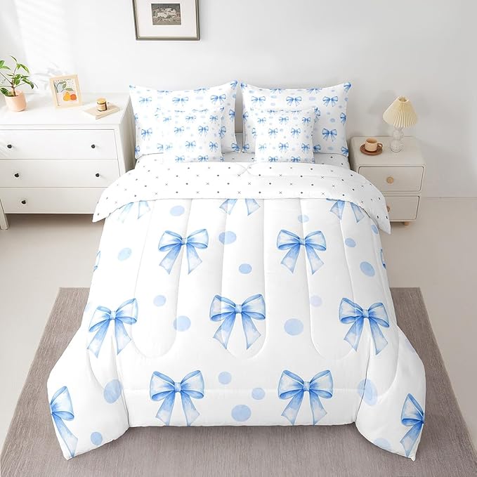 7 Pieces Blue Bowknot Kids Comforter King Size,Geometric Dots Bow Tie Patchwork Romantic Bedding Set,Bow Knot Princess Cute White Chic（Comforter+Fitted+Flat+2 Pillowcases+2 Throw Pillow Covers）