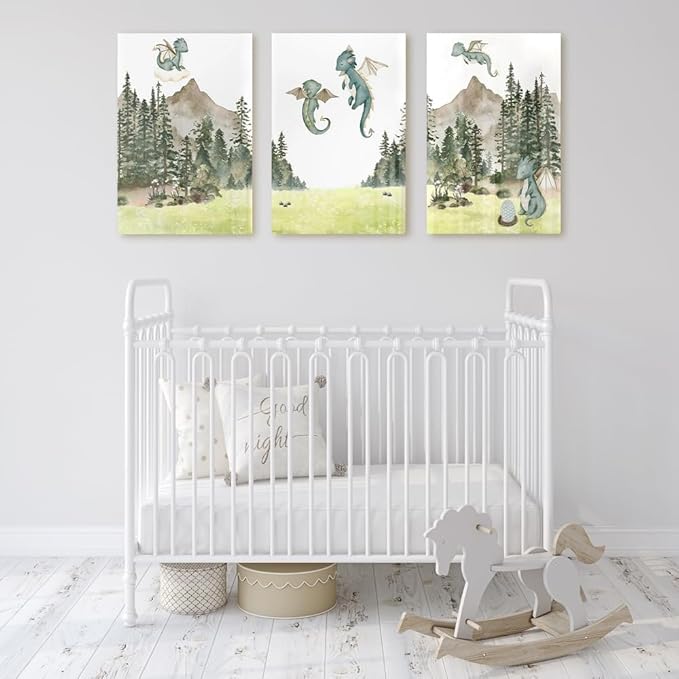 Green Baby Dragon Nursery Wall Decor, Dragon Egg Nursery Print for Baby Boy's Bedroom, Woodland Forest Mountain Wall Art, Nature Animal Art for Kids Room Decor, Framed Set of 3 Canvas, 16"x24"x3