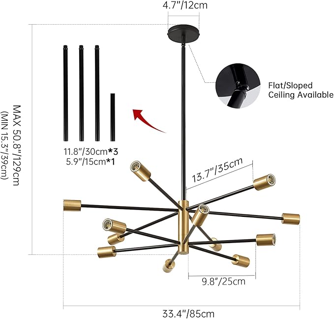 Modern Chandelier Ceiling Light Fixture Sputnik Chandeliers Gold and Black Farmhouse Chandelier Over Table 12-Light Height Adjustable Chandeliers for Dining Room, Living Room,Kitchen Island
