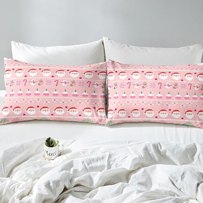 Feelyou Merry Christmas Decorative Pink Comforter Cover Toddler Size Xmas Cartoon Santa Claus Snowmen Duvet Cover Winter New Year Bedding Set Gifts for Kids Boys Girls 1 Pillow Case
