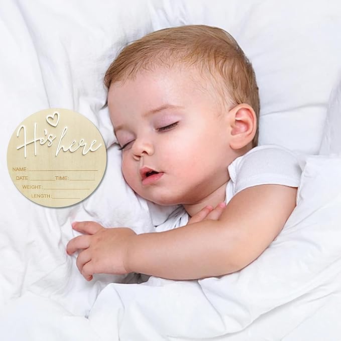 Baby Announcement Sign, 5.9 Inch Wooden Hello World Newborn Signs, Birth Announcement Sign, Gender Reveal Signs, He's here Decoration, Welcome Newborn Arrival To World, Hospital Nursery for Baby (White He's)