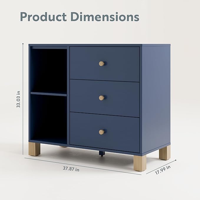 Storkcraft California 3 Drawer Combo Dresser (Midnight Blue with Driftwood) – GREENGUARD Gold Certified, Interlocking Drawer System, Pre-Installed Drawer Tracks for Easier Assembly, Spacious Cabinet