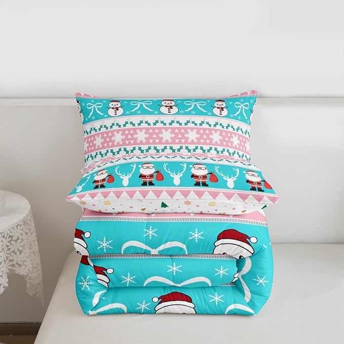 Feelyou Merry Christmas Tree Bedding Set Soft for Boys Girls, Cute Snowman Comforter Set Toddler Size Santa Claus Duvet Quilt Microfiber Cartoon Bowknot Bedroom Decor 2 Pcs with 1 Pillow Cases