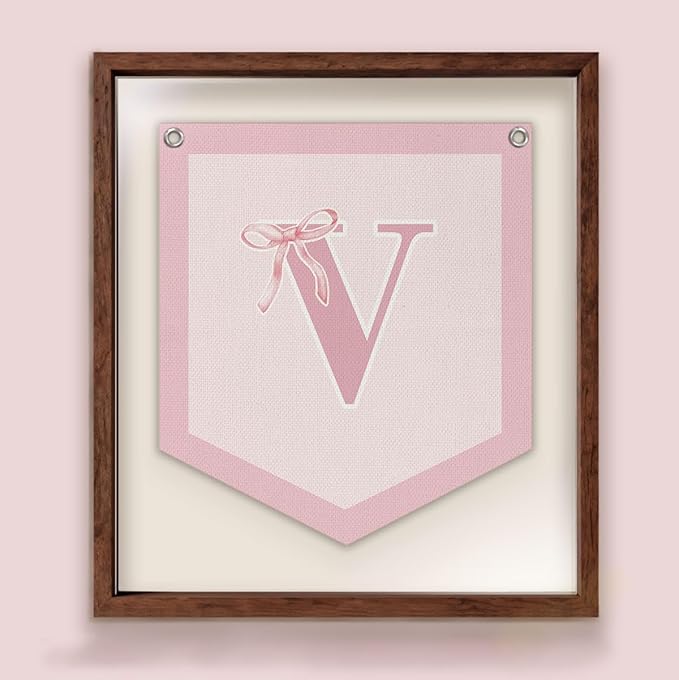 Lacama Initial Personalized Preppy Banner, Baby Shower Decor Girl Nursery Decor, Coquette Pink Bow Teen Girl Gifts, Vintage Room Toddler Room Bedroom Playroom Front Door Birthday Gift(V)