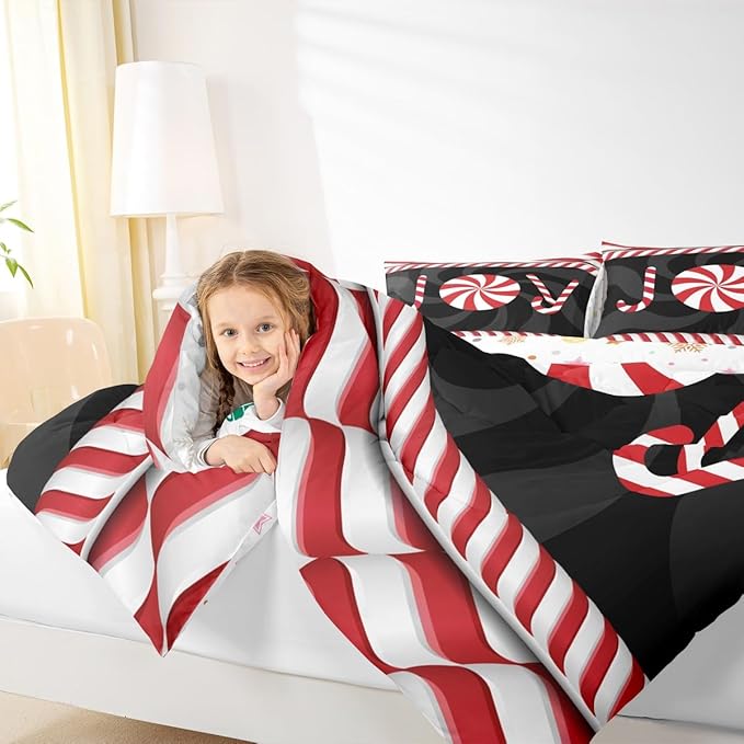 Kids Merry Christmas Comforter Set King Size,Holiday Joy Sweet Candies Bedding,Girls Boys Adults Bedroom/Xmas Cabin Decor,Wave Geometric Retro Down Comforter,Red Black Duvet Insert,2 Pillowcases