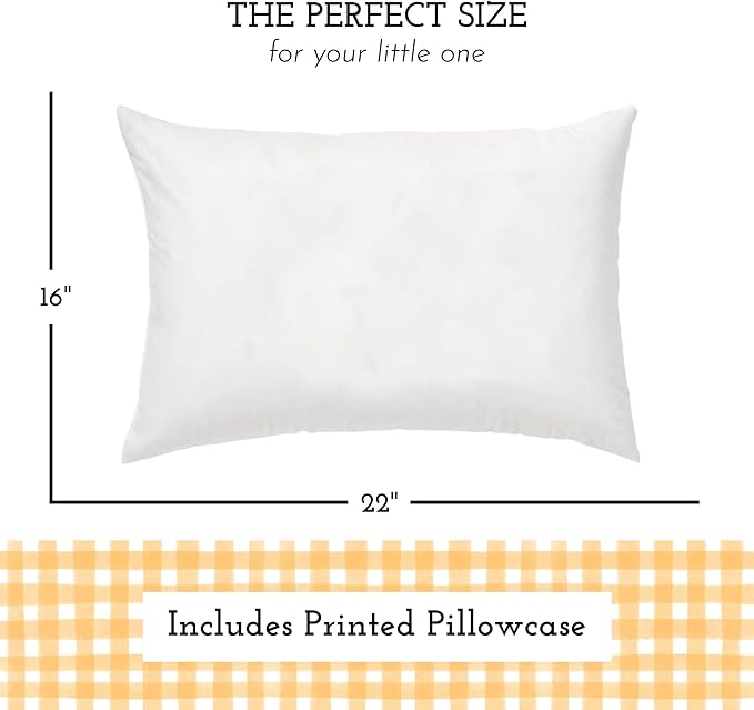 Little Sleepy Head Youth Pillow, Jumbo Toddler Pillow with 16x22 Pillowcase, Hypoallergenic Kids Travel Pillow - Best Kids Sleep Pillows with Gingham Yellow Case and Soft Cover