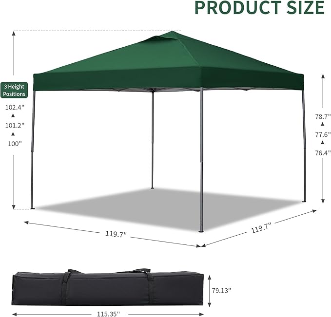 GDY 10x10 Pop Up Canopy Tent, Easy Set up Outdoor Silver Coated Beach Gazebos, Carpas for Pool, Events, Parties, and Camping, Green.