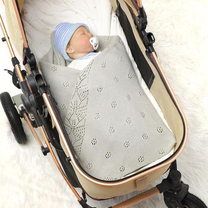 LAWKUL Cellular Blanket Baby 100% Cotton Knitted Soft Knit Crochet Blankets for Newborn Boy Girls Toddler Light Grey 100x80cm