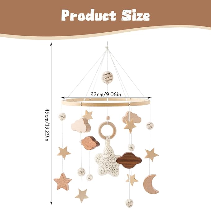 Baby Crib Mobile, Stars Clouds Moon Baby Mobile with Crisp Sound, Hand-Crocheted Wood Nursery Mobiles, Boho Crib Toys Hanging for Boys Girls