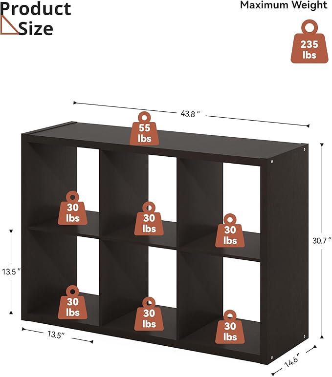 14.6 * 43.8 * 30.7 inches Engineered Wood 6 Cube Organizer, Black Cube Shelf with 6 Cube Storage, Cube Closet Organizer for Bedroom, Bathroom, Office, Dark Brown