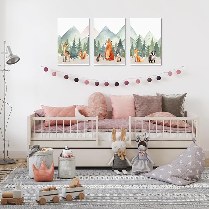 Forest Animals Mountain Adventure Nursery Decor, 3 Piece Watercolor Nusery Wall Art for Boys, Woodland Nursery Wall Decor, Baby Boy Girl Safari Room Wall Art, Framed Canvas, 16"x24"
