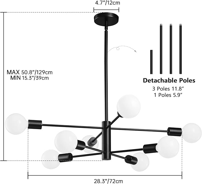 Modern Sputnik Chandeliers Light, 8-Light Black Chandeliers for Dining Room, Height Adjustable Ceiling Lights Farmhouse Chandelier for Kitchen Island Living Room Bedroom