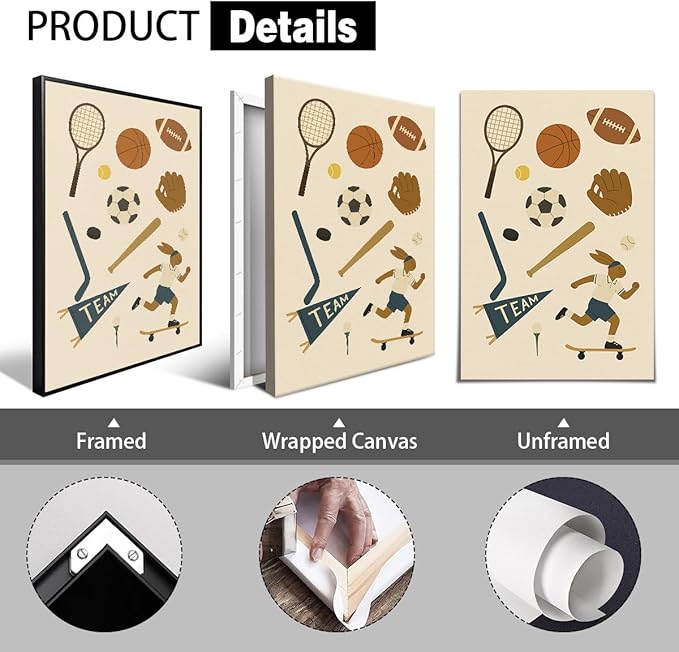 Sports Posters for Boys Bedroom, Boy Nursery Canvas Wall Art, Cute Animal Athletes & Sports Equipment Pictures, Charming Quotes Take Me Out To The Ball Game Play All Day Print 8x12in Unframed