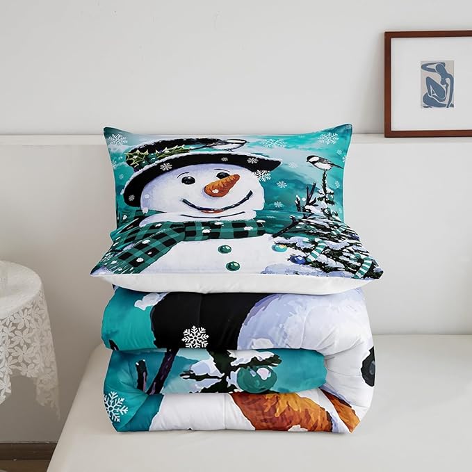 Feelyou Kids Christmas Theme Decorations Bedding Set Xmas Snowman Comforter Set for Boys Girls Snowflake Kawaii Cute Comforter Watercolor Teal Quilt Set Bedroom Collection Toddler Size