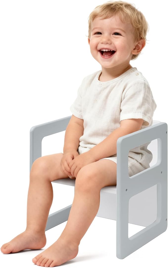 FUNLIO Height Adjustable Montessori Weaning Chair for Age 1-3, Quality Solid Wooden Chair, for Eating/Reading/Playing,Montessori Furniture with CPC Certified - Grey