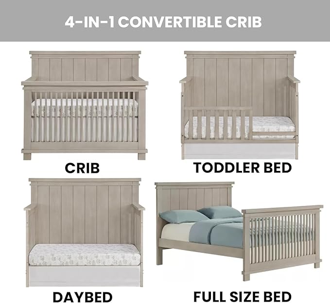 Soho Baby Hampton Premium 4-in-1 Convertible Crib, Flat-Top Headboard, Smooth Stone Wash, GreenGuard Gold Certified