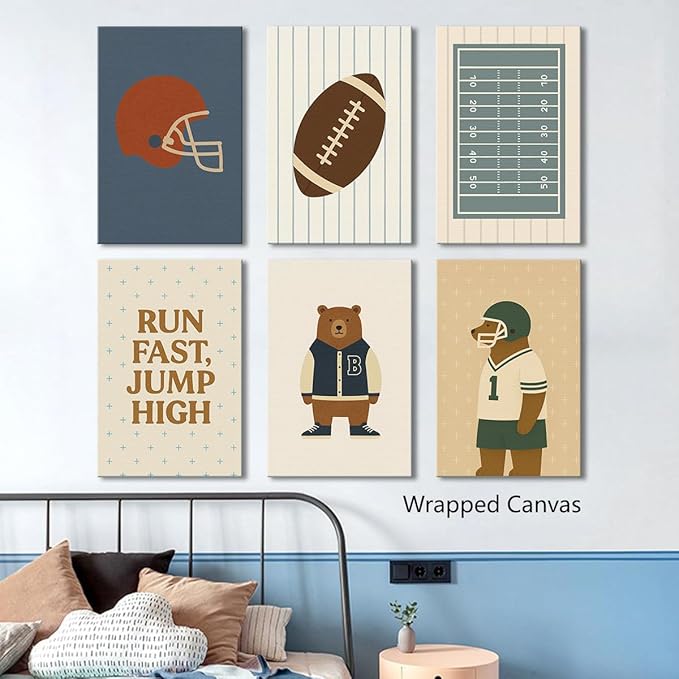 Football Poster Canvas, Baby Boy Sports Nursery Wall Art, Animal Bear Athletes Pictures, Run Fast Jump High Charming Quote Print, Kids Bedroom Soccer Equipment & Field Decor 12x16in Wrapped Canvas