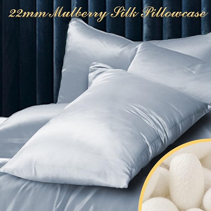 100% Mulberry Silk Pillowcase 2 Pack for Hair and Skin,with Hidden Zipper,Both Sides 22 Momme Natural Silk Pillow Cover,Soft Breathable & Smooth (Air Blue, Queen)