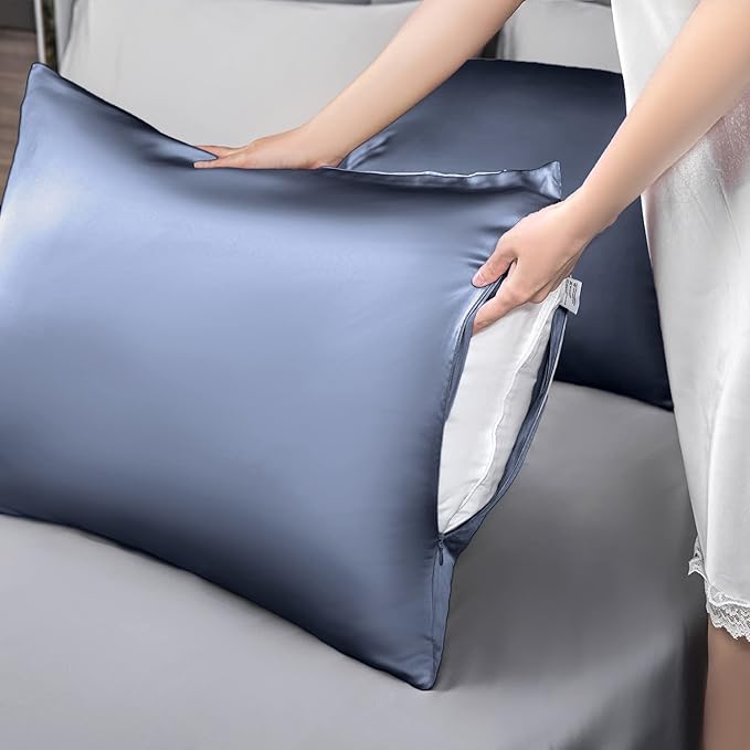 Mulberry Silk Pillowcase for Hair and Skin,Standard Size Cooling Silk Pillow Case with Hidden Zipper,Allergen Proof Dual Sides Soft Breathable Smooth Silk Pillow Cover for Women(Standard,Grayish Blue)