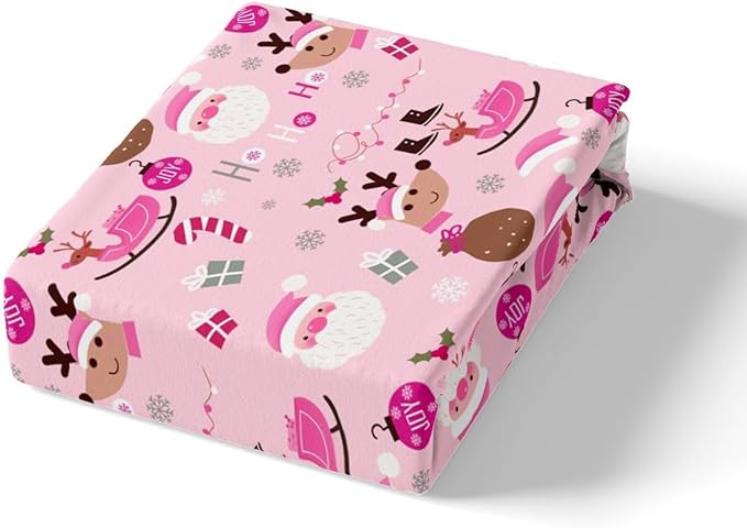 Manfei Christmas Duvet Cover Set King Size, Santa Claus and Reindeer Comforter Cover with 2 Pillowcases, New Year Pink Bedding Set 3pcs for Kids Girls Adult Lightweight Bedspread Cover,No Comforter
