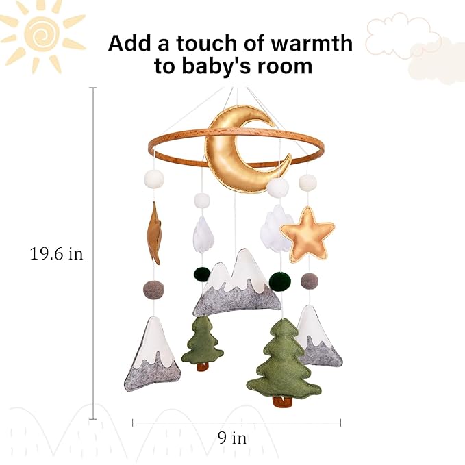 Woodland Baby Crib Mobile, Mountain Mobile for Crib for Boys & Girls, Neutral Nursery Mobile, Baby Shower Gift, with Moon, Trees, Stars & Clouds