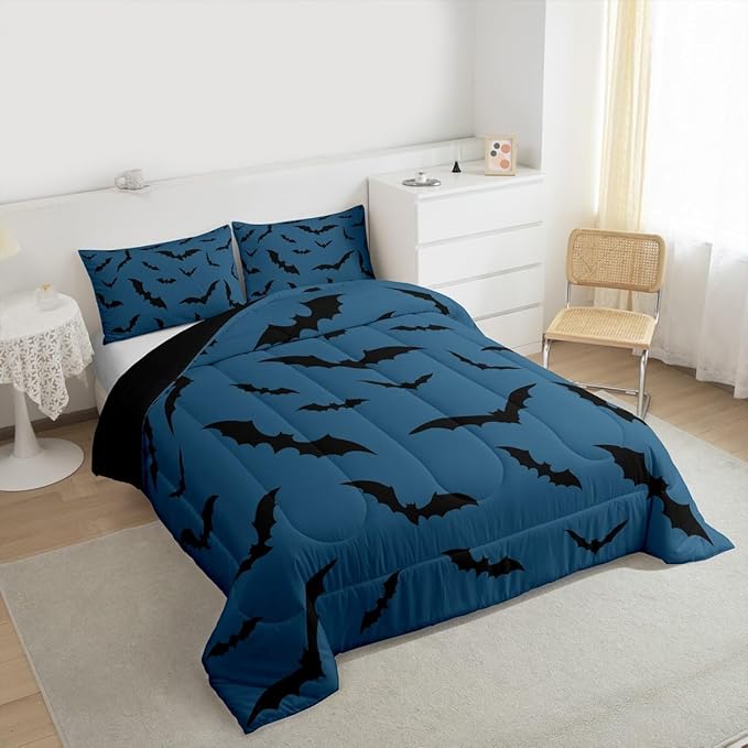 Erosebridal Halloween Bat Comforter Set Gothic Bats Bedding Set Toddler Size,Black Blue Spooky Goth Quilt for Kids Boys Girls Adults Vintage Halloween Decor Down Comforter,Horror Room Decor