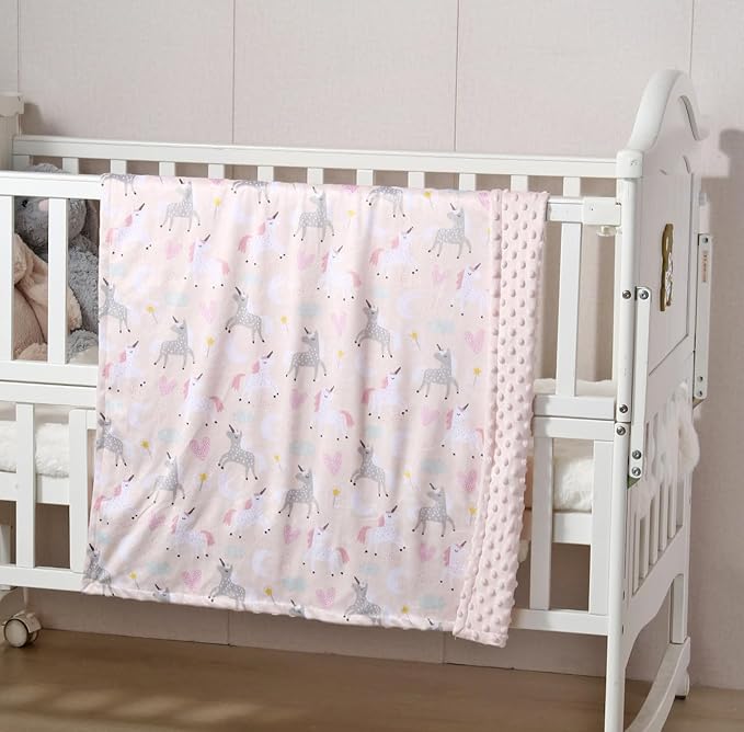 CREVENT 2Pcs 30''X40'' Cute Cozy Fluffy Warm Baby Blankets for Infants Toddlers' Bedding Crib Cot Stroller - Grey Cloud + Minky Unicorn