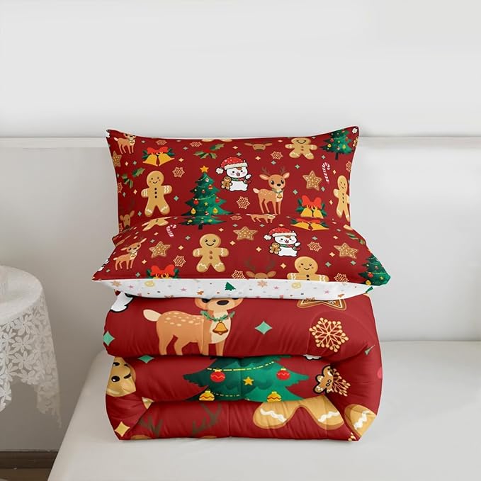 Feelyou Merry Christmas Comforter Set King Size Gingerbread Man Bedding Set for Kids Boys Girls Cute Deer Duvet Quilt Christmas Tree Microfiber 3 Pcs with 2 Pillow Cases
