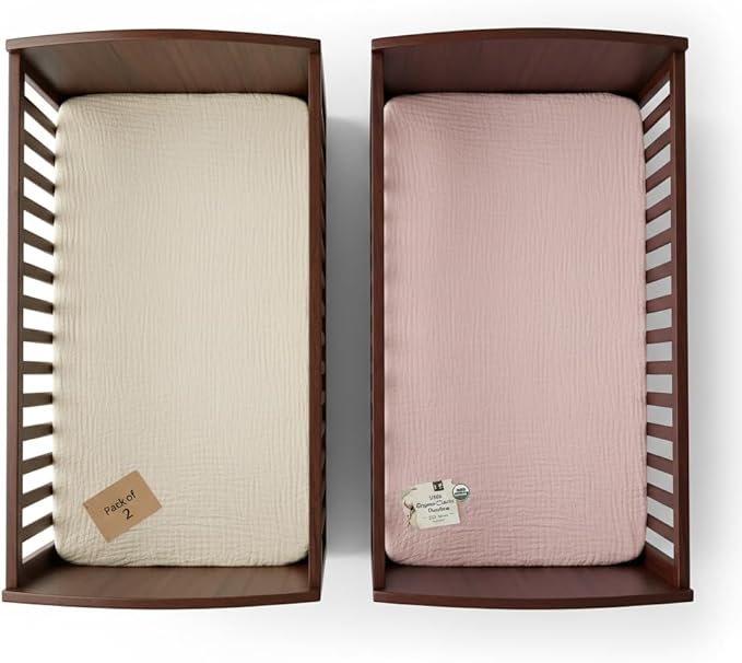 Muslin Crib Sheets for Baby Girl Large Size 52x28x9 inches 2 Pack Pink & Beige, Soft Breathable Muslin Fabric, Fits Standard Crib Mattress Sheet, Durable Baby Bed Sheets