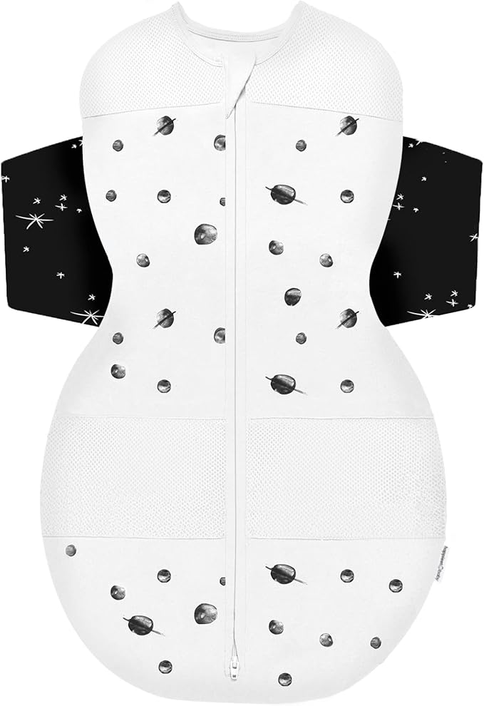 Happiest Baby SNOO Sleep Sack - 100% Organic Cotton Baby Swaddle Blanket - Doctor Designed Promotes Healthy Hip Development (Ivory Planets Black Wings, Medium)