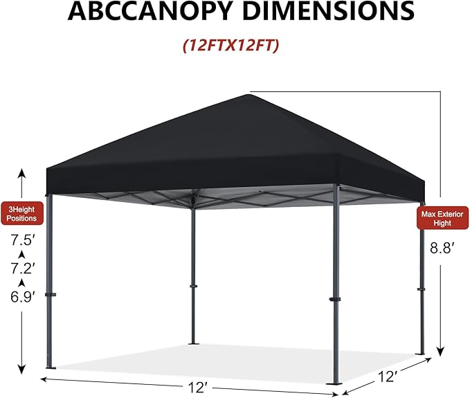 ABCCANOPY Pop Up Canopy - Outdoor Patio Portable Canopy Tent Heavy Duty for Backyard and Deck with 4 Sandbags(Black, 12x12)