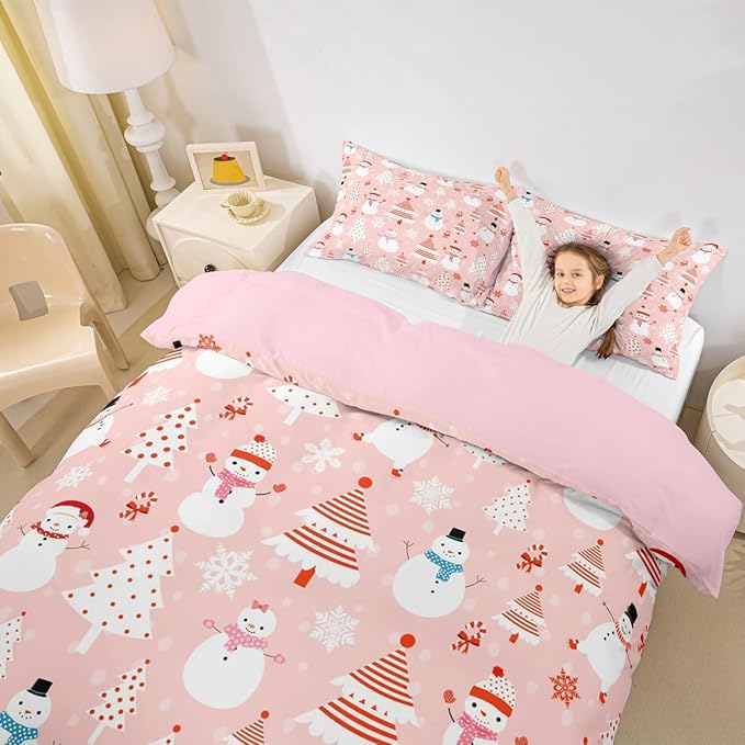 Christmas Kids Bedding Set Cartoon Snowman Bedding Duvet Cover Set for Boys Girls Christmas Tree Decor Comforter Cover Set Pink Dots Xmas Theme Bedspread Cover Bedroom Quilt Cover 3Pcs Full Size