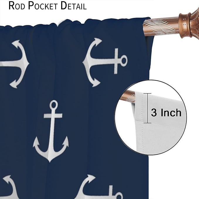 Nautical Curtains,MarineThemed Oceanic Anchor Pattern Blackout Print Home Bedroom Living Room Window Treatments 2 Panel Set 52x84 Inch