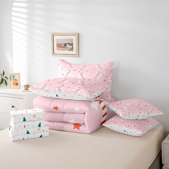 Pink Christmas Girly Comforter Set with Sheets Kids Christmas Bowknot Bedding Set Boys Girls Bow Candy Decor Bed in a Bag Xmas Theme Bed Set Bedroom Full Size